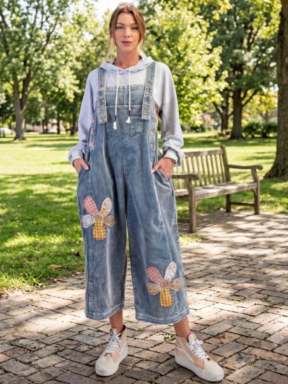 Casual Blue Corduroy Patchwork Wide-Leg Overalls